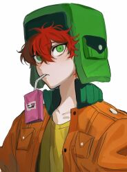 Rule 34 | 1boy, animification, cgvske1003, child, closed mouth, coat, drinking straw, fur hat, green eyes, hair between eyes, hat, highres, jacket, juice box, kyle broflovski, male focus, mouth hold, red hair, short hair, simple background, solo, south park, upper body