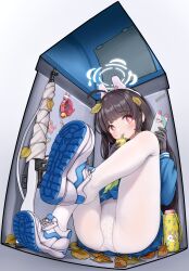 Rule 34 | 1girl, absurdres, ahoge, animal ears, black gloves, black hair, blue archive, blush, bright pupils, cellphone, closed mouth, comodomodo, drinking, fake animal ears, gloves, green gloves, green neckerchief, halo, highres, holding, holding phone, in trash can, leaf, leaf on head, long hair, long sleeves, miyu (blue archive), neckerchief, panties, panties under pantyhose, pantyhose, phone, polka dot, polka dot panties, rabbit ears, red eyes, shoes, smartphone, solo, trash can, two-tone gloves, underwear, white footwear, white panties, white pantyhose, white pupils