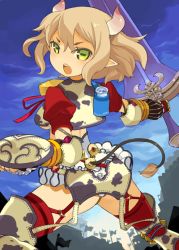 Rule 34 | 1girl, animal ears, animal print, breasts, buckler, cow ears, cow horns, cow print, cow tail, garter straps, goat eyes, holding, holding weapon, horns, huge weapon, light brown hair, mota, open mouth, pointy ears, shield, short hair, short sleeves, solo, sword, tail, thighhighs, underboob, weapon