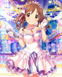 Rule 34 | 10s, 1girl, alternate costume, artist request, bare shoulders, blush, breasts, brown eyes, brown hair, cinderella dream, cleavage, frills, gloves, hair ornament, idolmaster, idolmaster cinderella girls, jewelry, large breasts, looking at viewer, microphone, necklace, official art, smile, solo, star (symbol), tiara, totoki airi, twintails
