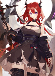 Rule 34 | &gt;:), 1girl, arknights, bare shoulders, black dress, black thighhighs, breasts, cleavage, commentary, detached collar, dress, gluteal fold, hair between eyes, highres, holding, holding sword, holding weapon, horns, large breasts, long hair, long sleeves, looking at viewer, off shoulder, purple eyes, raitho, red hair, reverse grip, short dress, smile, solo, surtr (arknights), sword, thighhighs, v-shaped eyebrows, very long hair, weapon, white background