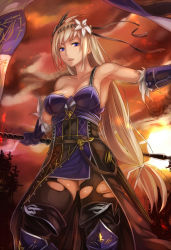 Rule 34 | 10s, 1girl, armpits, bare shoulders, blonde hair, blue eyes, breasts, brown thighhighs, flag, gloves, gradient background, granblue fantasy, highres, jeanne d&#039;arc (shingeki no bahamut), large breasts, long hair, looking at viewer, shingeki no bahamut, solo, sukumo (kemutai), thighhighs, torn clothes, torn thighhighs, very long hair