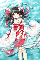 Rule 34 | 1girl, ascot, bad id, bad pixiv id, black eyes, black hair, blush, bow, cheunes, closed mouth, cowboy shot, detached sleeves, frilled shirt collar, frills, gohei, hair bow, hair tubes, hakurei reimu, highres, layered skirt, long hair, long sleeves, lying on water, nontraditional miko, red bow, red shirt, red skirt, shirt, sidelocks, skirt, sleeveless, sleeveless shirt, smile, solo, tearing up, touhou, wide sleeves