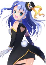 Rule 34 | 1girl, :d, bare shoulders, black hat, black jacket, black skirt, black sleeves, blue eyes, blue hair, blush, commentary request, detached sleeves, dice hair ornament, gloves, hair between eyes, hair ornament, hat, highres, jacket, long sleeves, looking at viewer, looking back, mini hat, mini top hat, nijisanji, open mouth, pleated skirt, rabbit tail, ribbon, simple background, skirt, sleeveless, sleeveless jacket, smile, solo, tail, thigh strap, tilted headwear, top hat, two side up, virtual youtuber, white background, white gloves, yellow ribbon, ymd (holudoun), yuuki chihiro, yuuki chihiro (4th costume)