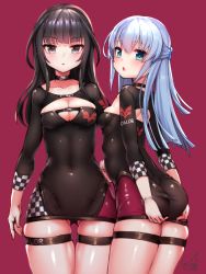 Rule 34 | 2girls, agatsuma kaede, alice gear aegis, ass, black choker, black hair, black panties, black shirt, blue hair, breasts, choker, cleavage, cleavage cutout, clothing cutout, collarbone, covered navel, cowboy shot, doyouwantto, gluteal fold, green eyes, grey eyes, hair between eyes, half updo, hands on own ass, legs together, long hair, long sleeves, looking at viewer, looking to the side, medium breasts, multiple girls, ochanomizu mirie, open mouth, panties, parted lips, red background, shiny clothes, shiny skin, shirt, sidelocks, signature, simple background, skin tight, small breasts, standing, thigh gap, thigh strap, tsurime, underwear, wristband