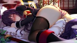Rule 34 | 1boy, 1girl, ahoge, armband, artist check, ass, bamboo, bed, black thighhighs, window blinds, blush, closed eyes, closed mouth, fishnet thighhighs, fishnets, frilled pillow, frills, full-face blush, indoors, katana, long hair, long sleeves, lying, nose blush, on side, panties, photo (object), picture frame, pillow, plant, polka dot, polka dot panties, purple hair, scabbard, sheath, sheathed, skindentation, skirt, unworn skirt, sleeping, smile, smoke, source request, sword, tassel, thighhighs, underwear, wavy hair, weapon