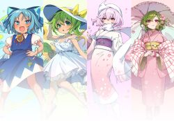 Rule 34 | 4girls, alternate costume, blue dress, blue eyes, bow, breasts, cherry blossom print, cirno, cleavage, commentary request, daiyousei, detached sleeves, detached wings, dress, e sdss, floral print, flower, gradient kimono, green eyes, green hair, hair flower, hair ornament, hat, hat bow, highres, holding, holding umbrella, ice, ice wings, japanese clothes, kazami yuuka, kimono, lapel pin, letty whiterock, multiple girls, parasol, pink flower, pink hair, pink kimono, plaid sleeves, red eyes, sash, short hair, short sleeves, simple background, sundress, sunflower, tan, tanned cirno, touhou, umbrella, white dress, white hat, white kimono, wings, yukata