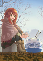 Rule 34 | 1girl, :o, absurdres, bare tree, black legwear, blanket, blue sky, blurry, blurry foreground, bowl, brown footwear, chopsticks, commentary request, concrete, day, foreshortening, full body, grass, green eyes, green sweater, hair between eyes, high heels, highres, kuzumochiko, orange hair, original, outdoors, outstretched arms, petals, pink skirt, plaid, plaid blanket, plaid skirt, ribbed sweater, rice bowl, shawl, sidelocks, sitting, skirt, sky, solo, sweater, tree, winter