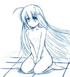 Rule 34 | 00s, 1girl, between legs, collarbone, flat chest, full body, groin, hair ornament, hand between legs, lyrical nanoha, mahou shoujo lyrical nanoha, mahou shoujo lyrical nanoha strikers, misana, monochrome, nude, own hands together, reinforce zwei, simple background, sitting, solo, wariza, white background, x hair ornament