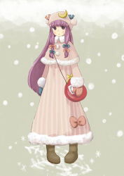Rule 34 | 1girl, bow, coat, eeyasu, female focus, hair bow, hat, long hair, mittens, patchouli knowledge, perfect cherry blossom, pigeon-toed, purple eyes, purple hair, ribbon, snow, solo, touhou, winter, winter clothes