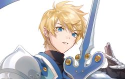 Rule 34 | 1boy, armor, black shirt, blonde hair, blue eyes, commentary, flynn scifo, gauntlets, holding, holding sword, holding weapon, male focus, sanmen, shirt, short hair, simple background, solo, surcoat, sword, tales of (series), tales of vesperia, turtleneck, upper body, weapon, white background