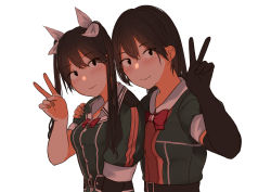Rule 34 | 2girls, black gloves, black hair, chikuma (kancolle), closed mouth, elbow gloves, gloves, hair between eyes, hair ribbon, hand on another&#039;s shoulder, hieda (hiedanoaqn), highres, kantai collection, long hair, looking at viewer, military, military uniform, multiple girls, ribbon, short sleeves, single elbow glove, smile, tone (kancolle), tone kai ni (kancolle), twintails, uniform, v, white background, white ribbon