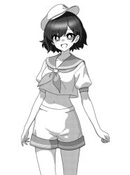 Rule 34 | 1girl, :d, anchor symbol, breasts, commentary request, cowboy shot, greyscale, hat, midriff, monochrome, murasa minamitsu, navel, neckerchief, onkn sxkn, open mouth, puffy short sleeves, puffy sleeves, sailor, sailor collar, sailor hat, sailor shirt, shirt, short hair, short sleeves, shorts, simple background, small breasts, smile, solo, stomach, touhou, white background