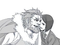 Rule 34 | 2boys, age difference, beard, facial hair, fate/zero, fate (series), greyscale, height difference, iskandar (fate), male focus, monochrome, mouth hold, multiple boys, nobita (makoto7060355), short hair, size difference, sweatdrop, tears, waver velvet, yaoi