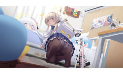 Rule 34 | 1girl, @ @, absurdres, arona (blue archive), ass, assault rifle, azusa (blue archive), backpack, bag, bed, black pantyhose, blue archive, blue skirt, blush, bullpup, cardigan, figure, gun, halo, hifumi (blue archive), highres, indoors, iori (blue archive), kneeling, l85, letterboxed, light brown hair, long hair, long sleeves, looking at viewer, looking back, no shoes, notice lines, open mouth, panties, panties under pantyhose, pantyhose, rifle, shelf, skirt, soles, solo, striped clothes, striped panties, table, thighband pantyhose, underwear, weapon, white bag, white cardigan, xintianou