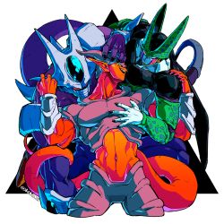 Rule 34 | 3boys, artist name, black nails, cell (dragon ball), colored skin, commentary request, cooler (dragon ball), dragon ball, hand on another&#039;s chest, hand on another&#039;s head, janemba, kokusoji, male focus, multiple boys, nail polish, navel, open mouth, orange skin, parted lips, perfect cell, sketch, tail, teeth