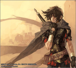Rule 34 | 00s, 1boy, 2004, armor, bandaged arm, bandages, belt, brown hair, cape, gloves, grand youkan, grandyoukan, knight, lowres, male focus, non-web source, ragnarok online, scale armor, short hair, solo, sword, weapon