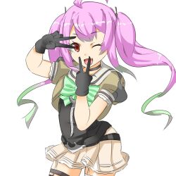 Rule 34 | 1girl, ahoge, anchor, black gloves, bow, bowtie, double v, fang, gloves, gradient hair, green bow, green bowtie, green hair, grey sailor collar, grey skirt, kantai collection, long hair, momo (kancolle), multicolored hair, open mouth, pink hair, pleated skirt, red eyes, ryuu pentarou, sailor collar, sailor shirt, school uniform, serafuku, shirt, short sleeves, simple background, skin fang, skirt, solo, sparkle print, thighhighs, twintails, v, white background, zipper pull tab