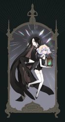 Rule 34 | 2others, :o, absurdly long hair, adapted costume, androgynous, backless dress, backless outfit, black bow, black dress, black eyes, black footwear, black gloves, black hair, black legwear, bob cut, border, bort, bow, clothing cutout, copyright name, diamond (houseki no kuni), dress, elbow gloves, floating, frown, full body, gem uniform (houseki no kuni), gloves, grey background, gwayo, highres, holding, holding lantern, houseki no kuni, lantern, layered clothes, long hair, looking at viewer, multicolored hair, multiple others, pelvic curtain, phosphophyllite (gemstone), purple eyes, rainbow hair, shoes, short hair, short jumpsuit, side cutout, sparkle, straight hair, thighhighs, very long hair, white gloves, white legwear