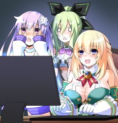 Rule 34 | 3girls, at computer, bare shoulders, blank eyes, blonde hair, blush, breasts, chair, choker, cleavage, commentary, computer, covering own eyes, d-pad, d-pad hair ornament, doria (p f dolia), dress, female pervert, frilled gloves, frills, gloves, green dress, green hair, hair ornament, hair ribbon, hakozaki chika, happy, keyboard (computer), large breasts, long hair, monitor, multiple girls, neckerchief, nepgear, neptune (series), open mouth, peeking through fingers, pervert, purple eyes, purple hair, ribbon, screen light, simple background, sleeves past wrists, surprised, table, vert (neptunia), white gloves