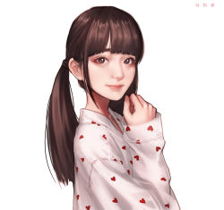Rule 34 | 1girl, artist name, blunt bangs, brown eyes, brown hair, closed mouth, collared shirt, commentary, english commentary, eyeshadow, hair tie, hand up, heart, heart print, highres, lips, long hair, long sleeves, looking at viewer, makeup, nose, ony saputra, print shirt, real life, red eyeshadow, shirt, sidelocks, simple background, sleeves past wrists, smile, solo, takasaki kanami, twintails, upper body, white background, white shirt, wide sleeves