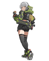 1girl absurdres anby_demara ass black_gloves black_shorts black_thighhighs burger food full_body gloves grey_hair highres holding holding_burger holding_food long_sleeves midriff orange_eyes scabbard sheath shoes short_hair short_shorts shorts solo standing thighhighs tifuibe zenless_zone_zero