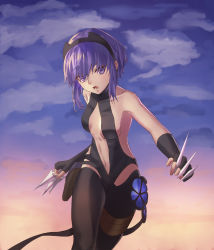 Rule 34 | 1girl, bare shoulders, black gloves, black hairband, black leggings, black leotard, breasts, center opening, cloud, cloudy sky, cowboy shot, dark-skinned female, dark skin, fate/prototype, fate/prototype: fragments of blue and silver, fate (series), fingerless gloves, flower ornament, gloves, hairband, hassan of serenity (fate), highres, holding, holding knife, holding weapon, knife, kunai, leggings, leotard, looking at viewer, navel, open mouth, purple eyes, purple hair, short hair, sky, small breasts, solo, tesin (7aehyun), thigh strap, weapon
