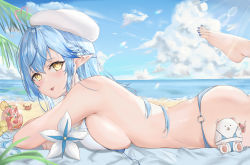Rule 34 | 1girl, ahoge, alternate costume, alternate hairstyle, ass, bare legs, barefoot, beach, beach towel, beret, bikini, blue bikini, blue hair, blue nails, blue sky, blush, braid, breasts, closed mouth, cloud, cloudy sky, cocktail, cocktail glass, colored tips, commentary request, contrail, crab, crossed bangs, cup, day, drink, drinking glass, elf, feet, flower, food, french braid, from side, fruit, full body, hair between eyes, hair flower, hair ornament, hat, heart, heart ahoge, highres, hololive, horizon, large breasts, leg up, legs, lemon, lemon slice, light blue hair, light rays, long hair, looking at viewer, lying, multicolored hair, nail polish, o-ring, o-ring bikini, o-ring bottom, ocean, on stomach, outdoors, pointy ears, ponytail, sand, side-tie bikini bottom, sideboob, sky, solo, ssum-qin, streaked hair, string bikini, swimsuit, tareme, thighs, toenail polish, toenails, toes, towel, tree, tropical drink, two-tone hair, untied bikini, very long hair, virtual youtuber, water, white flower, white hat, yellow eyes, yukihana lamy