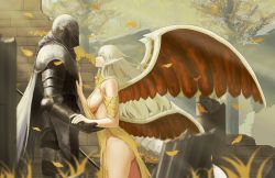 Rule 34 | 1boy, 1girl, absurdres, ancient dragon lansseax, armor, bare shoulders, breasts, cape, dragon girl, dragon horns, dragon tail, elden ring, gauntlets, helmet, highres, horns, humanization, knight, large breasts, little bit (544633426), multiple wings, personification, polearm, roundtable knight vyke, sideboob, spear, tail, weapon, white hair, wings, yellow eyes