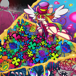 Rule 34 | 1girl, animal ears, blue eyes, blush stickers, brain, claws, exposed brain, green hair, hat, highres, leotard, mad rat dead, mob rat (mad rat dead), mouse (animal), mouse ears, mouse girl, mouse tail, nightmares (mad rat dead), nippon ichi, psychedelic, rat god, red eyes, tail, the cat (mad rat dead), tie clip, top hat, wings, wrist cuffs