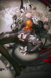 Rule 34 | 1girl, anus, arknights, bangle, bar censor, black gloves, black pantyhose, blonde hair, bodystocking, bracelet, censored, covered erect nipples, dragon girl, dragon horns, dragon tail, floral print, flower, gloves, green eyes, highres, horns, infection monitor (arknights), iumu, jacket, jewelry, light in heart, long hair, lying, no panties, no shoes, on back, open clothes, open jacket, pantyhose, petals, pussy, reed (arknights), single glove, spread legs, tail, torn clothes, torn pantyhose