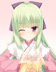 Rule 34 | 1girl, ;), absurdres, blunt bangs, blunt ends, blush, clip studio paint (medium), closed mouth, commentary, eyes visible through hair, green hair, hair ribbon, hands up, happy, heart, heart hands, highres, hime cut, japanese clothes, kimono, long hair, long sleeves, looking at viewer, makochan42, murasame (senren), official alternate costume, official alternate hairstyle, one eye closed, pink background, pink kimono, purple ribbon, red eyes, ribbon, sash, senren banka, sidelocks, simple background, smile, solo, split mouth, straight-on, straight hair, tsurime, upper body, wide sleeves, yellow sash