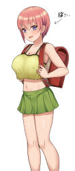 Rule 34 | 1girl, :d, aged down, arrow (symbol), backpack, bag, blue eyes, breasts, commentary request, covered erect nipples, crop top, crop top overhang, go-toubun no hanayome, green skirt, hair between eyes, highres, komainu (yamaha1997), large breasts, looking at viewer, midriff, miniskirt, nakano ichika, navel, open mouth, paid reward available, pink hair, pleated skirt, randoseru, red bag, short hair, skirt, smile, solo, white background