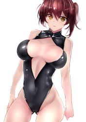 Rule 34 | 10s, 1girl, bad id, bad pixiv id, black one-piece swimsuit, breasts, brown hair, cleavage cutout, clothing cutout, competition swimsuit, female focus, front zipper swimsuit, highleg, highleg swimsuit, highres, kaga (kancolle), kantai collection, large breasts, meme attire, moruchi (rinaka moruchi), one-piece swimsuit, side slit, solo, swimsuit, unzipped, yellow eyes, zipper