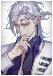 Rule 34 | 1boy, akr noze, blue shirt, border, choker, commentary request, ear piercing, expressionless, forehead tattoo, formal, from side, gold trim, hades (shuumatsu no valkyrie), hand on own face, highres, jacket, leaf tattoo, long hair, male focus, piercing, pointy ears, shirt, shuumatsu no valkyrie, solo, twitter username, upper body, white background, white border, white jacket
