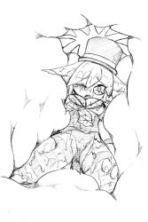 Rule 34 | 1girl, breasts, camel (dansen), chrono (camel), cleavage, hat, monochrome, monster, one eye closed, original, pantyhose, striped clothes, striped pantyhose, torn clothes, torn legwear, vore