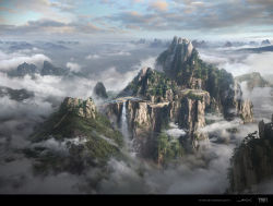 Rule 34 | above clouds, blue sky, cloud, cloudy sky, commentary, dated, day, fantasy, highres, ming yee sheh, mountain, no humans, original, outdoors, scenery, signature, sky, valley