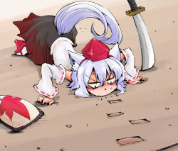 Rule 34 | 1girl, all fours, animal ears, commentary request, detached sleeves, geta, hat, unworn hat, hat ribbon, unworn headwear, highres, inubashiri momiji, long sleeves, planted sword, planted, ribbon, shield, shinapuu, shirt, silver hair, skirt, smelling, solo, sword, tail, tokin hat, touhou, weapon, wide sleeves, wolf ears, wolf tail