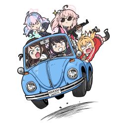 Rule 34 | 5girls, after-school sweets club (blue archive), ahoge, airi (blue archive), ak-47, animal ears, assault rifle, black hair, black jacket, black neckerchief, black thighhighs, blonde hair, blue archive, blue hair, buttons, car, cat ears, clenched teeth, closed eyes, closed mouth, colored inner hair, convertible, driving, green eyes, green halo, gun, hair ornament, halo, highres, holding, holding gun, holding weapon, hood, hooded jacket, jacket, kalashnikov rifle, kazusa (blue archive), long hair, motor vehicle, multicolored hair, multiple girls, natsu (blue archive), neckerchief, open mouth, pink eyes, pink hair, pink halo, red jacket, red neckerchief, reisa (blue archive), rifle, sailor collar, short hair, side ponytail, simple background, star (symbol), star hair ornament, steering wheel, sunglasses, teeth, thighhighs, track jacket, twintails, volkswagen beetle, washin, weapon, white background, white sailor collar, yellow halo, yoshimi (blue archive)