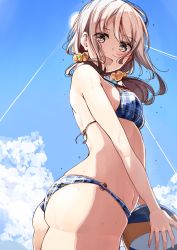 Rule 34 | 1girl, :d, ass, back, ball, bikini, blue bikini, blue sky, breasts, brown eyes, brown hair, commentary request, day, hair ornament, hair scrunchie, halterneck, harukana receive, highres, holding, holding ball, looking at viewer, medium breasts, nyoijizai, o-ring, o-ring bikini, oozora haruka (harukana receive), open mouth, outdoors, plaid, plaid bikini, scrunchie, sky, smile, solo, standing, sun, swimsuit, thighs, volleyball, volleyball (object)