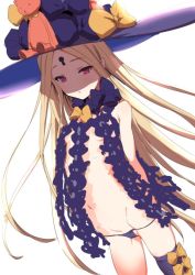 Rule 34 | 1girl, abigail williams (fate), abigail williams (second ascension) (fate), asymmetrical legwear, blonde hair, bow, breasts, clearite, commentary request, dutch angle, fate/grand order, fate (series), hat, keyhole, long hair, looking at viewer, orange bow, panties, parted bangs, parted lips, purple bow, purple eyes, purple hat, purple panties, purple thighhighs, revealing clothes, shirt, simple background, single thighhigh, small breasts, string panties, stuffed animal, stuffed toy, teddy bear, thighhighs, underwear, uneven legwear, very long hair, white background