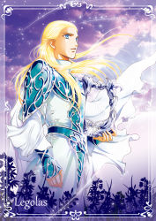 Rule 34 | 1boy, blonde hair, blue eyes, character name, elf, floating hair, harp, highres, holding, holding instrument, instrument, kazuki-mendou, legolas, long hair, male focus, parted lips, pointy ears, purple sky, signature, sky, solo, standing, the lord of the rings, tolkien&#039;s legendarium, tolkien's legendarium