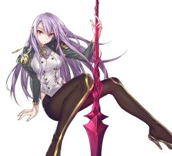 Rule 34 | 1girl, absurdres, breasts, brown pantyhose, day, high heels, highres, holding, jacket, juliet sleeves, large breasts, long hair, long sleeves, looking at viewer, maruchi, open clothes, open jacket, open mouth, original, pants, pantyhose, polearm, puffy sleeves, purple hair, red eyes, simple background, sitting, sky, solo, spear, sword, weapon, white background