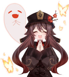 Rule 34 | 1girl, absurdres, black nails, blush, boo tao (genshin impact), brown hair, bug, butterfly, chibi, closed eyes, commentary request, genshin impact, genshin impact sticker redraw (meme), ghost, happy, hat, highres, hu tao (genshin impact), insect, looking at viewer, meme, ougi (u to4410), own hands together, simple background, smile, solo, twintails, white background