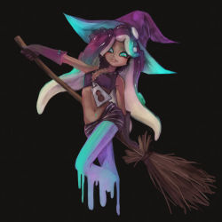 Rule 34 | 1girl, aqua eyes, aqua hair, aqua pantyhose, black background, black gloves, breasts, broom, cleavage, dark-skinned female, dark skin, elbow gloves, furrowed brow, gloves, gradient hair, hat, holding, holding broom, horizontal pupils, long hair, marina (splatoon), medium breasts, mole, mole under mouth, multicolored hair, nintendo, octoling, pantyhose, pantyhose under shorts, parted lips, pink pupils, purple hair, purple hat, shorts, sizu, solo, splatoon (series), splatoon 2, striped clothes, striped pantyhose, striped shorts, suction cups, tentacle hair, two-tone hair, vertical-striped clothes, vertical-striped pantyhose, witch hat, zipper, zipper pull tab