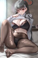 Rule 34 | 1girl, absurdres, armeria, bed sheet, black bra, black hair, black pantyhose, blue archive, blush, bra, breasts, cleavage, closed mouth, clothes lift, hair ornament, hairpin, halo, highres, indoors, large breasts, long hair, looking at viewer, panties, panties under pantyhose, pantyhose, red eyes, rio (blue archive), solo, sweater, sweater lift, toes, turtleneck, turtleneck sweater, underwear, white sweater