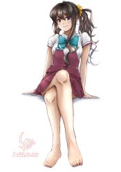 Rule 34 | 1girl, alternate hairstyle, artist logo, barefoot, black hair, commentary request, crossed legs, dated, full body, kantai collection, ld (luna dial398), long hair, multicolored hair, naganami (kancolle), naganami kai ni (kancolle), pink hair, pleated skirt, purple skirt, purple vest, school uniform, shirt, short sleeves, side ponytail, simple background, sitting, skirt, smile, solo, vest, white background, white shirt