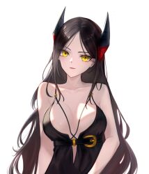 Rule 34 | + +, 1girl, absurdres, arknights, bare shoulders, black eyes, black hair, breasts, buckle, cleavage, collarbone, dress, head tilt, highres, horns, ines (arknights), large breasts, long hair, looking at viewer, parted bangs, parted lips, silver incense, simple background, sleeveless, sleeveless dress, very long hair, white background, yellow eyes