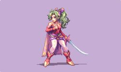 Rule 34 | 1990s (style), 1girl, abysswolf, boots, cape, final fantasy, final fantasy vi, green hair, left-handed, pantyhose, pixel art, ponytail, purple background, purple hair, solo, sword, tina branford, weapon, wrist guards