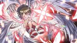 Rule 34 | 1girl, akamine naoki, angel wings, angewomon, blowing whistle, brown hair, closed eyes, crests (digimon), digimon, digimon (creature), digimon adventure, gradient background, highres, holding, holding whistle, multiple wings, shawl, shirt, short hair, shorts, whistle, whistle around neck, wings, yagami hikari